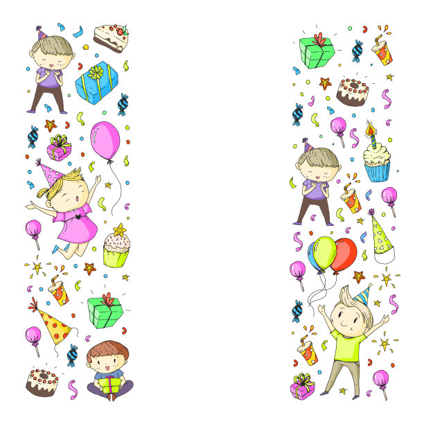 快乐的男孩和女孩。幼稚园的学龄前儿童。生日聚会庆祝。横幅、海报、请帖的图标。图片下载