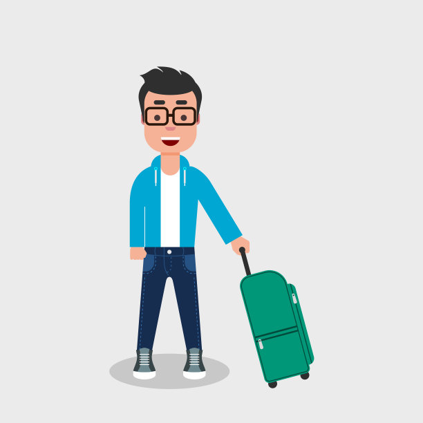 带着旅行袋的快乐青年。一个面带微笑的男人站在那里，手里提着一个手提箱，准备去旅行。图片下载
