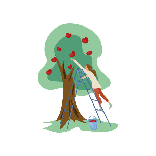 楼梯上的可爱女孩从树上摘红苹果图片下载