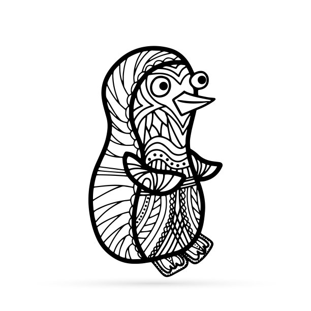 小企鹅图标孤立在白色。手绘线条。素描抗压力成人着色书在zantangle风格。矢量图图片下载