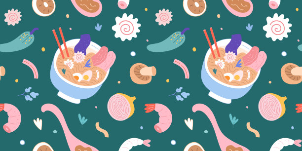 飞行背景拉面，日本料理，鸣町，鸡蛋和碗用筷子，彩色装饰拉面店，菜单或墙上印。无缝的矢量模式图片下载