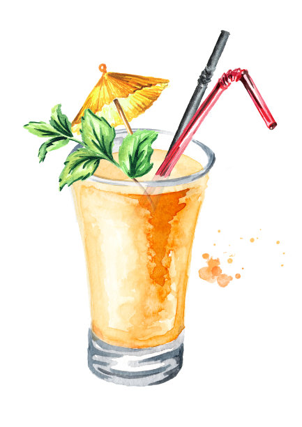 一杯甜瓜汁或冰沙或一杯带有薄荷叶和装饰元素的鸡尾酒。水彩手绘插图，孤立的白色背景图片下载