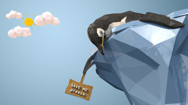 躺在小冰山上的企鹅手上贴着“救救我吧”的标签，木头看起来很烫，用3d渲染效果很好。图片下载