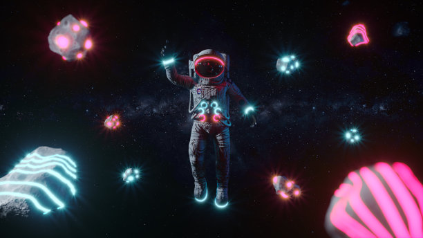 宇航员与太空中的霓虹灯小行星图片下载