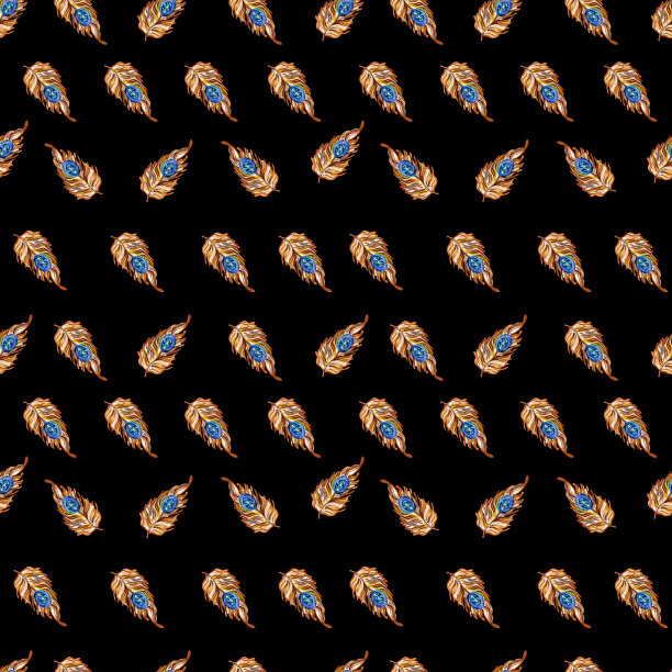 金色艺术装饰孔雀羽毛与蓝色宝石无缝图案在黑色的背景图片下载