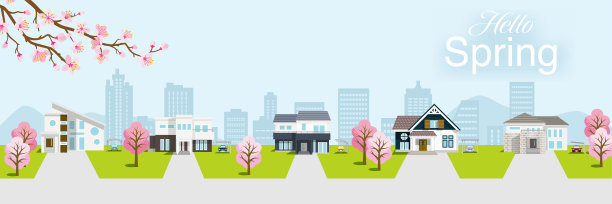 居住区在春天的大自然中，横幅比例——包括“你好春天”的字样图片下载