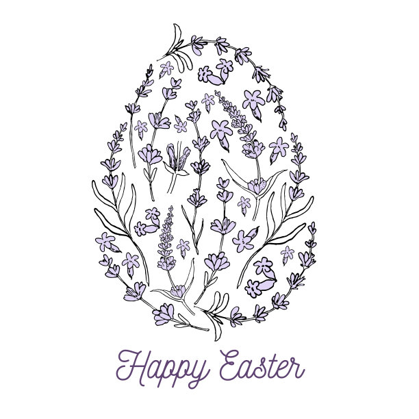 矢量手绘复活节彩蛋插图。复活节彩蛋质地由花。文本复活节快乐。薰衣草花映衬着复活节彩蛋的轮廓图片下载