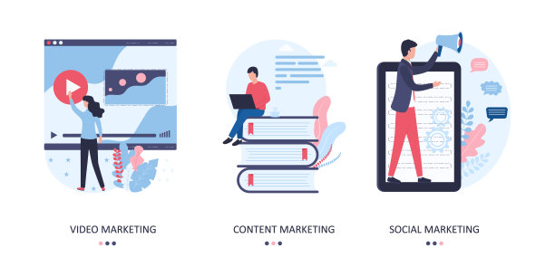矢量营销概念集。一个网站、博客、社交网络页面、服务和产品的视频、内容和社会推广。在白色背景上的平面插图。素材图片
