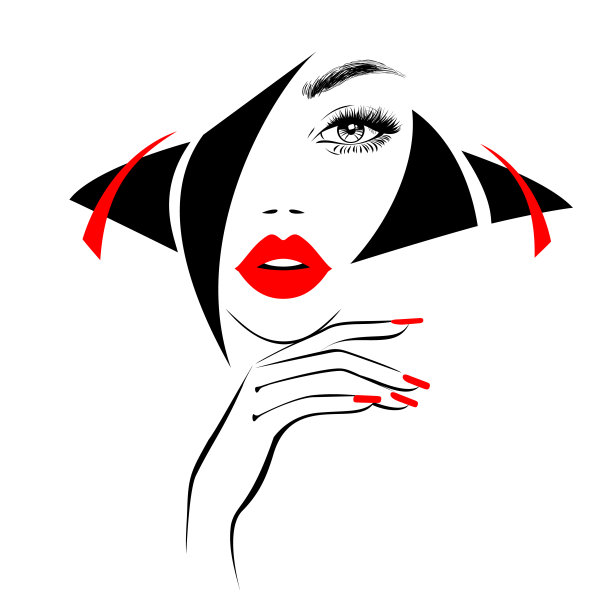 美丽性感的脸庞，红润的嘴唇，手握红色美甲指甲，时尚女性，元素设计，美甲工作室，卷发发型，发廊标志，图标。美丽的标志。矢量插图。手绘的风格。图片下载