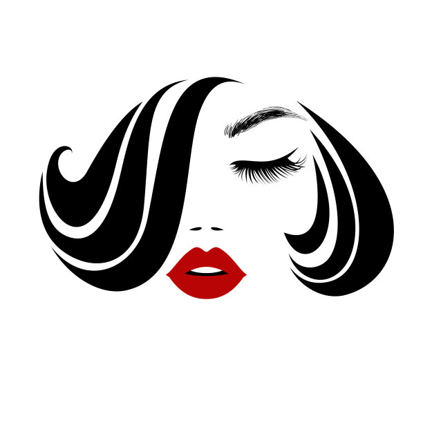 美丽的标志，美丽的女人脸，性感的红唇，睫毛的延伸，时尚的女人，卷曲的发型，美发沙龙标志，图标。壁纸背景。矢量插图。图片下载