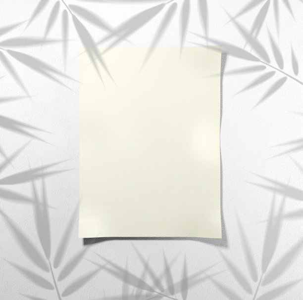 混凝土墙上的黄色纸和竹叶的影子图片下载