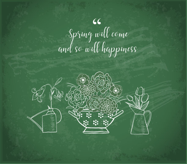 花园胶靴，柳条包花和花园帽。在黑板背景上涂鸦卡通风格的素描插图。图片下载