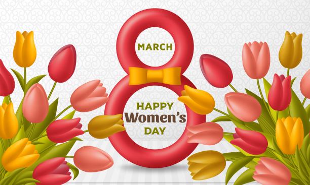 可爱的妇女节背景与数字8和一束郁金香。矢量插图。图片下载