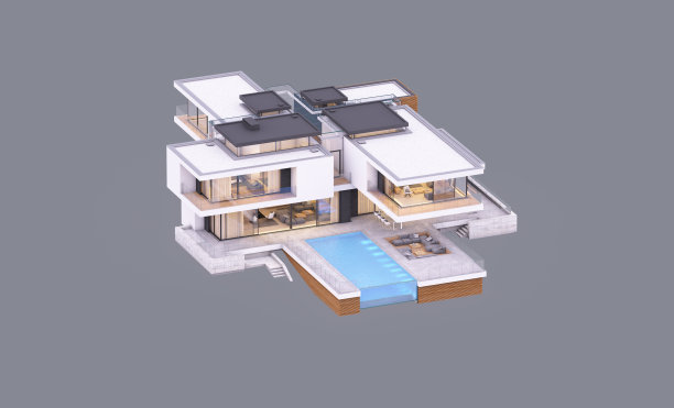 3D渲染：灰色背景下，傍晚河边的现代住宅图片下载
