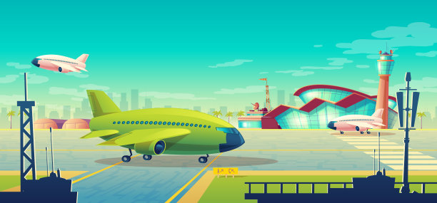 矢量卡通插图，跑道上绿色客机图片下载