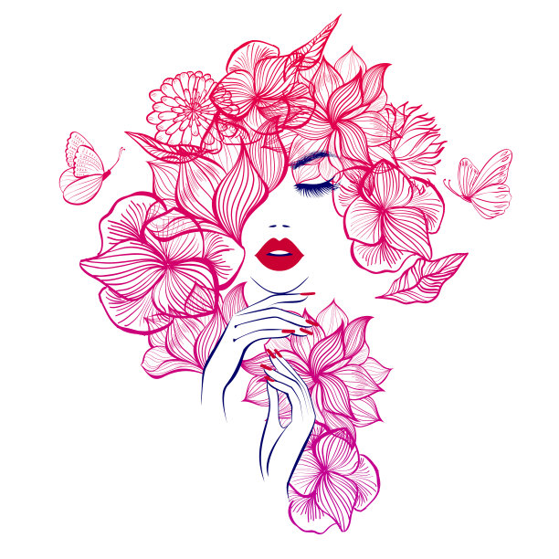 美丽的女人脸蛋红红的嘴唇，手上涂着红色的指甲。美丽的标志。矢量插图，花冠花，蝴蝶，花动机，抽象花，水疗沙龙，标志，符号，指甲工作室。图片下载