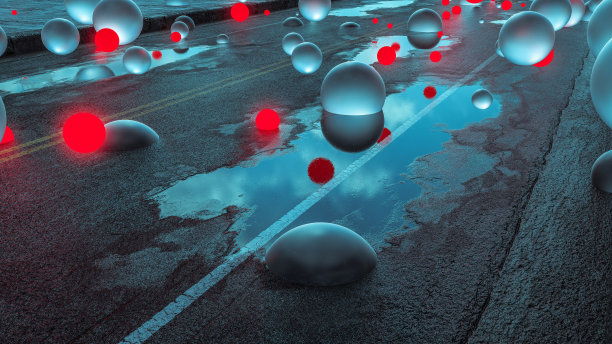 霓虹闪烁的飞球在潮湿的路面上与水坑，创造性的装置，抽象的彩色结构，明亮的气泡，发光的球，魔术装饰，三维渲染图片下载