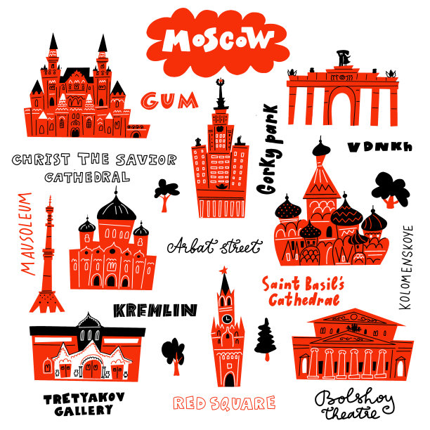 矢量插图的莫斯科与主要景点，标志和字母。手绘的风格。图片下载