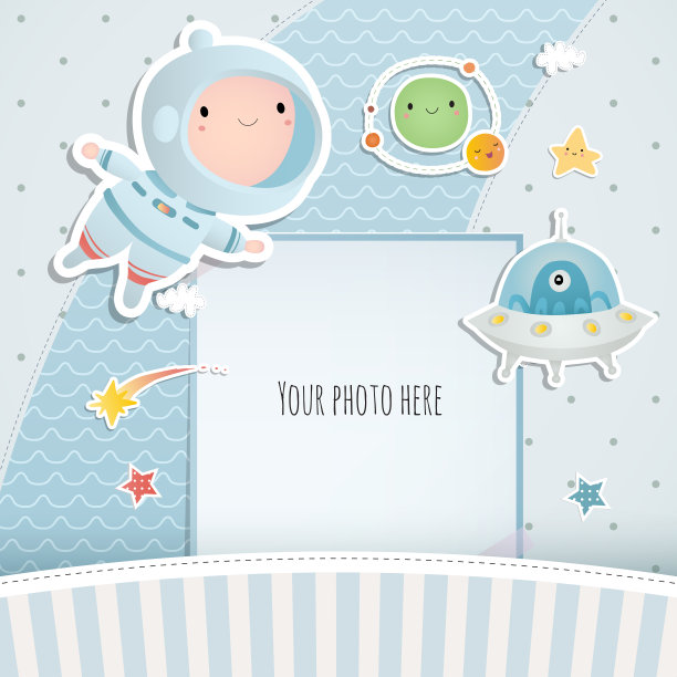 节日卡设计。婴儿洗澡。一个小宇航员漂浮在开阔的空间，在星星、行星、有趣的怪物和彗星之间。图片下载