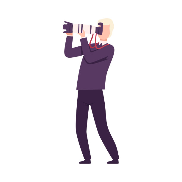 摄影师拍摄照片使用数码相机，狗仔队或操作员字符平面矢量插图图片下载