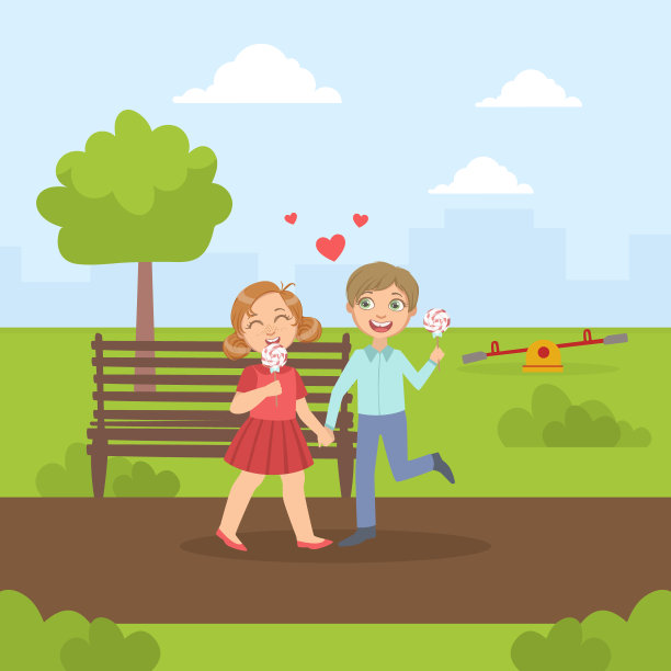 快乐的男孩和女孩在公园里散步和吃棒棒糖，孩子之间的友谊和爱，快乐的情人节矢量插图图片下载
