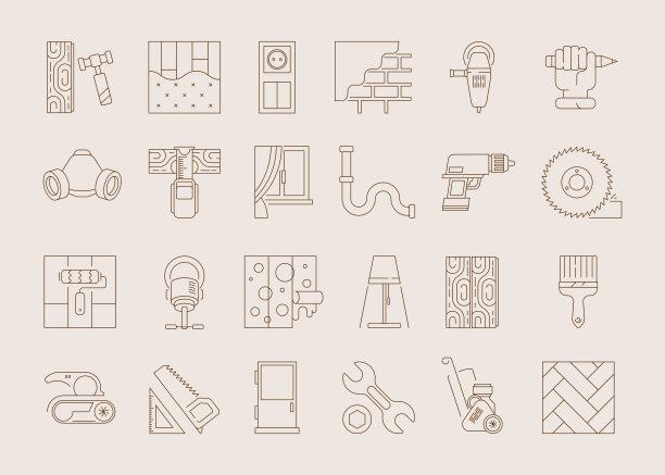 室内设计图标。地板安装窗帘色板照明项目测量窗口向量装饰集图片下载