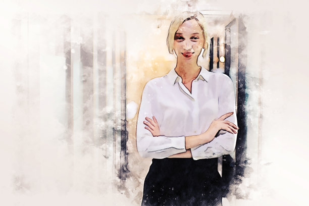 抽象的白色女人的商业微笑肖像在水彩插画画的背景。图片下载