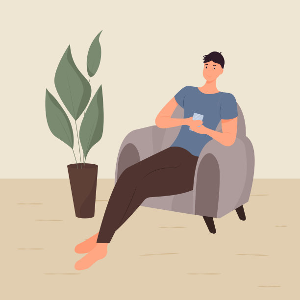 一个年轻人坐在扶手椅上，手里拿着电话。平的卡通风格。向量。可以用来说明在家工作，网络通信，使用的应用程序吗图片下载