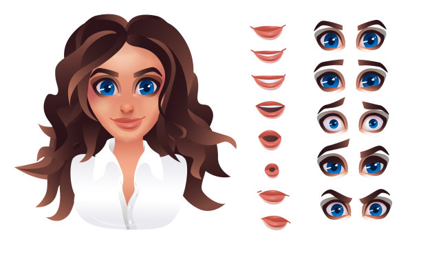 微笑美丽的女人与卷曲的发型。女性角色的脸部情感构造器，头部，嘴唇，鼻子和眼睛。矢量插图面部元素卡通风格素材图片