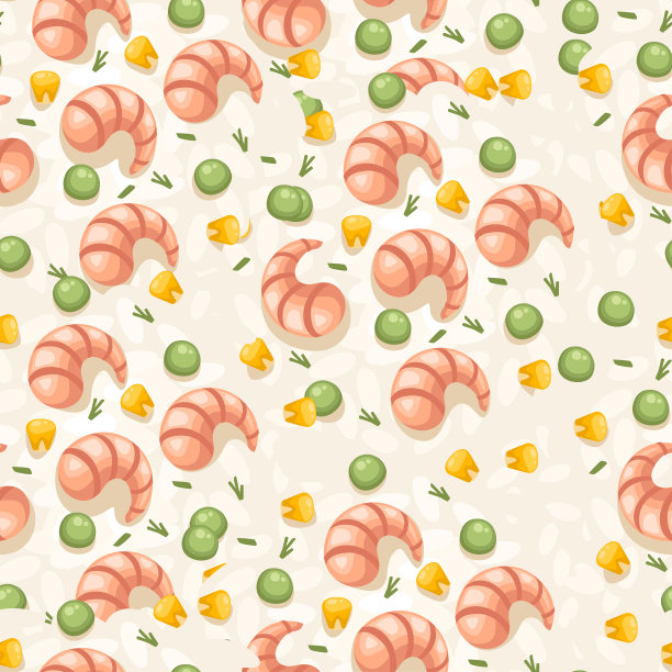 无缝模式的虾与绿色豌豆和玉米海鲜平面矢量插图在米色背景图片下载