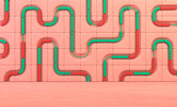 空的粉红色房间，墙上有瓷砖块和管道孔，彩色形状流动的产品和排版，3d渲染图片下载