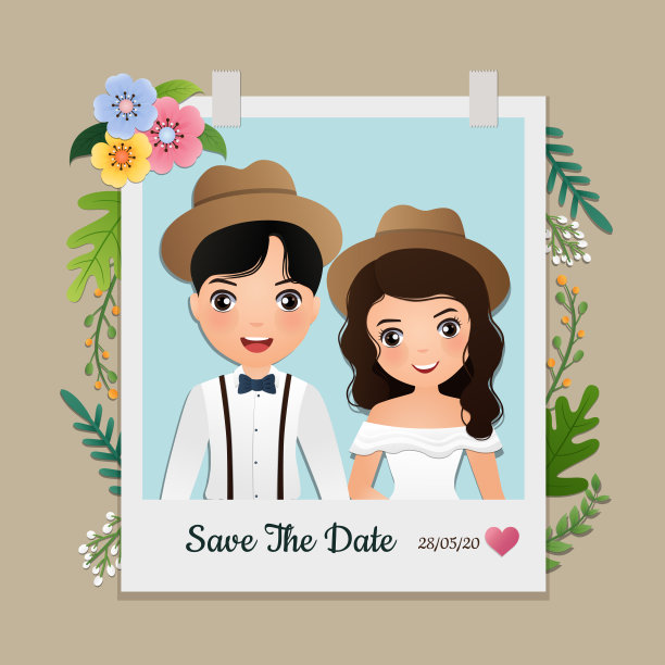 婚礼请柬是可爱的新郎新娘卡通人物。彩色矢量插图的事件庆祝图片下载