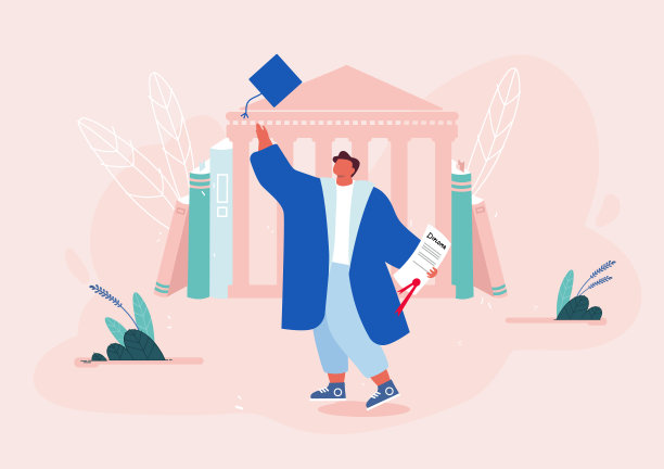 青年校友学位帽及学位服，持有大学建筑背景文凭。毕业学生庆祝，人物大笑和跳跃卡通平面矢量插图图片下载