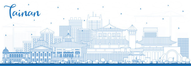 用蓝色建筑勾勒台湾台南市的天际线。图片下载