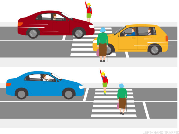 左边道路上的汽车和行人景观。日本图片下载