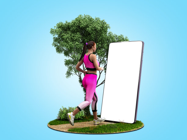 健身应用概念女孩运行在自然上看手机屏幕上的蓝色梯度3d渲染图片下载