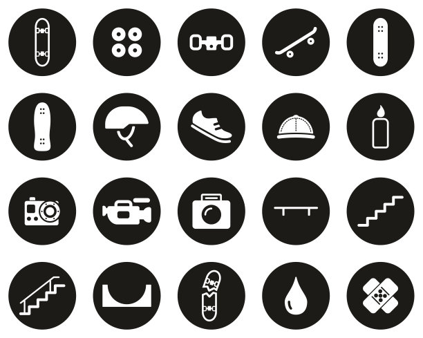 滑板极限运动和设备图标白色在黑色平面设计圈设置大图片下载