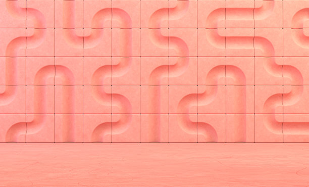 空的粉红色房间，墙上有瓷砖块和管道孔，彩色形状流动的产品和排版，3d渲染图片下载