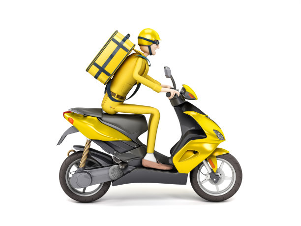 快速交付概念信使在摩托车与热背包3d渲染在白色图片下载