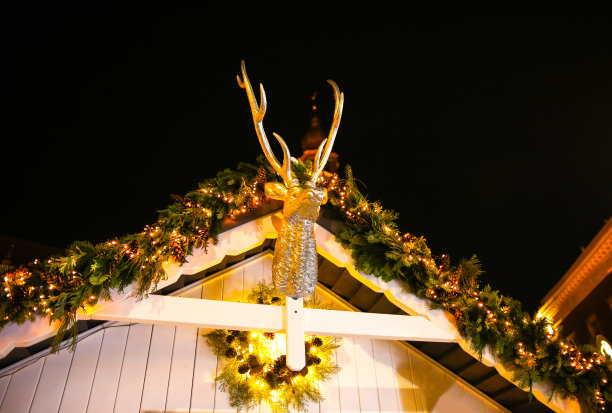 鹿在圣诞节的房子装饰。漂亮的灯光和照明。图片下载