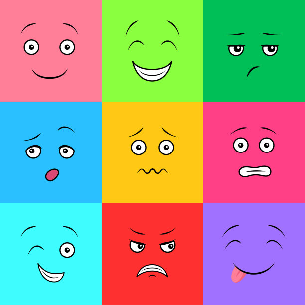 卡通颜色不同的面孔与情绪设置。向量图片下载