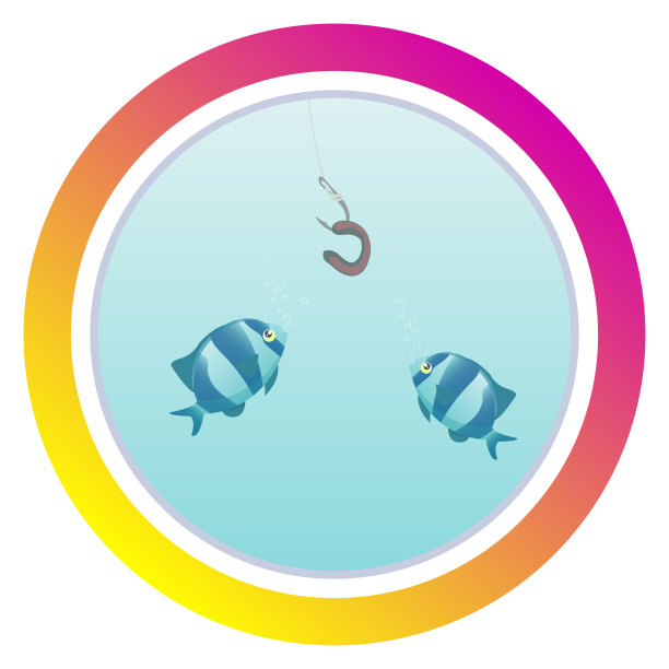圆形图标的社会媒体故事。适合的博客。钓鱼。鱼看着带着虫子的鱼钩。在水里钓鱼。鱼狩猎蠕虫。卡通彩色手绘矢量插图图片下载