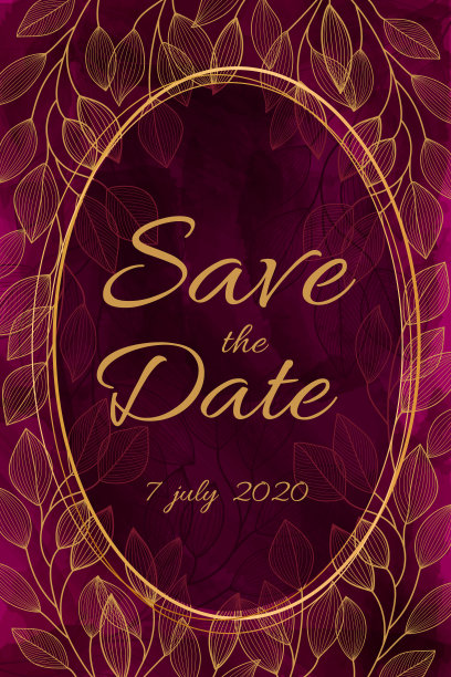 水彩酒红色背景与金色的叶子。明亮的婚礼邀请，庆祝，保存日期。现代风格的时尚设计。手绘颜料。图片下载