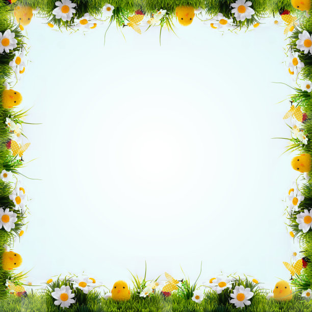 复活节背景，欢快的花朵，复活节绿与蓝与黄，概念，屏幕，明信片，壁纸，新鲜和欢快，框架，文字空间，隐藏的蛋，复活节兔子和复活节小鸡图片下载