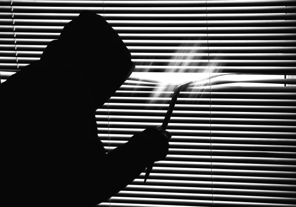 罪犯用撬棍窥视窗户，老式百叶窗，黑白照片图片下载