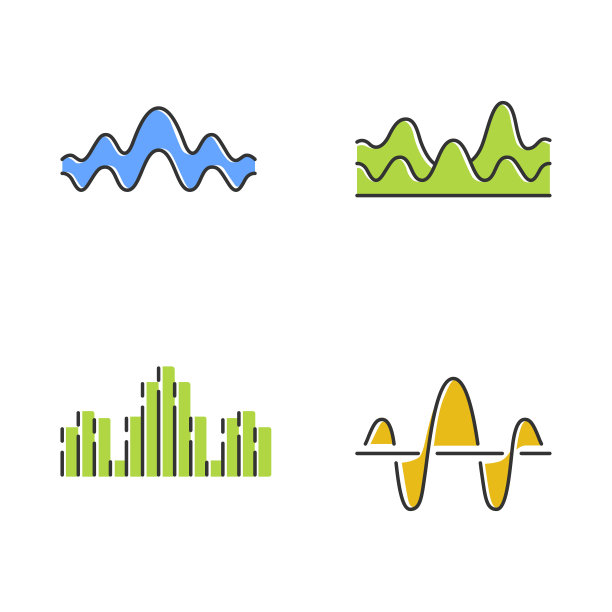 声波颜色图标设置。噪音,振动频率。音量，均衡器水平波浪线。音乐,节奏。数字曲线声波标识。无线电信号。孤立的矢量插图图片下载