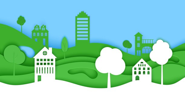 剪纸树，筑绿浪蓝天。模板剪纸风格的拯救地球海报，城市生态手册，环境保护。向量水平说明图片下载