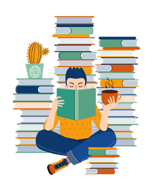 文学爱好者。爱好文学的青少年会看书，喝茶或喝咖啡。一个手里拿着书的年轻人。手绘卡通人物在一个白色的背景。斯堪的纳维亚的插图图片下载