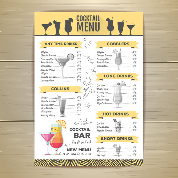 扁平的鸡尾酒菜单设计。文档模板图片下载