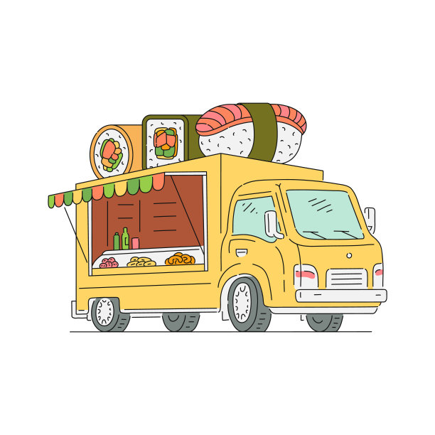 街头小吃寿司和日本卡车素描卡通矢量插图孤立。图片下载